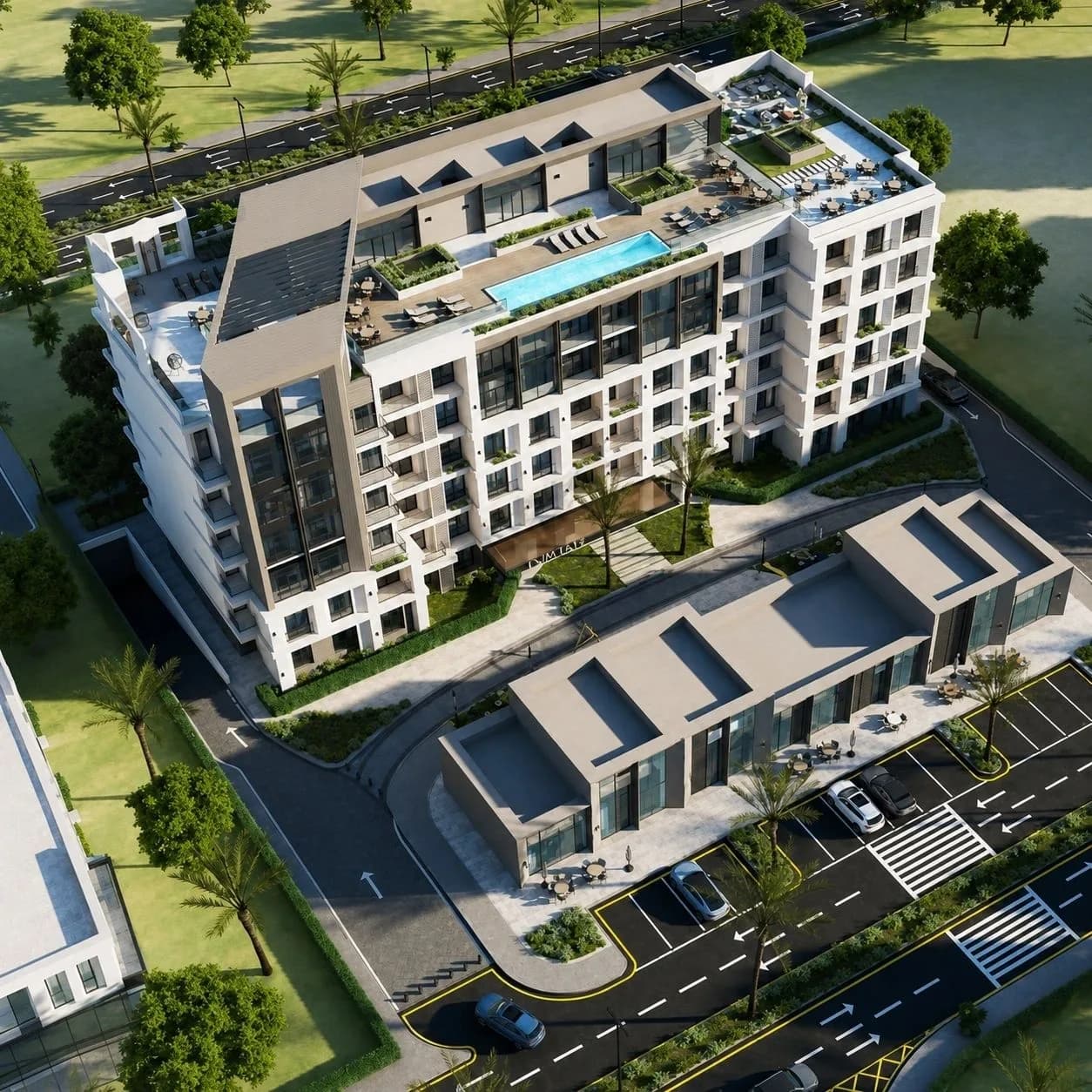 Modern residential complex with rooftop pool and greenery.